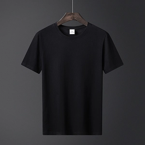 Classic black men's crewneck cotton T-shirt on a wooden hanger with clean studio lighting