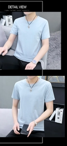 Λεπτομερής προβολή γαλάζιου T-shirt με στρογγυλή λαιμόκοψη και απαλή βαμβακερή υφή