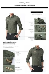 Detail view of army green military shirt with epaulets and dual chest flap pockets