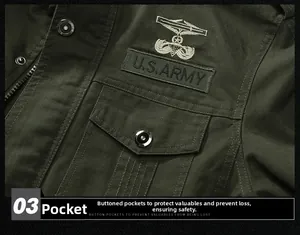 Detail view of cotton military jacket with U.S. ARMY embroidery and cargo pocket