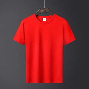 Men's solid red crew neck cotton T-shirt on a black wooden hanger with textured background