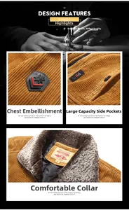 Close-up of brown corduroy jacket with warm faux fur collar and leather shield badge