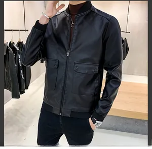 Close-up of black PU leather jacket featuring a ribbed baseball collar and large front pockets