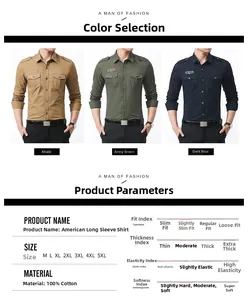 Detailed chart showing 100% cotton long sleeve shirt features and available khaki green colors