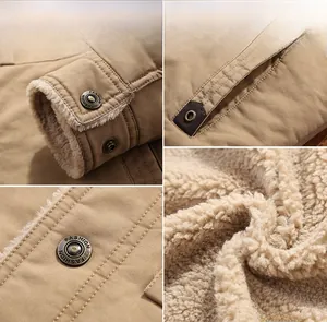 Close-up of khaki jacket featuring soft lamb wool lining and vintage metal buttons