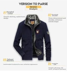 Detail of navy corduroy winter jacket showing grey faux shearling lining and embroidery