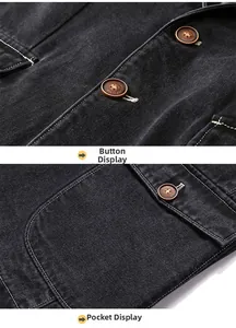 Detailed close-up of vintage brown buttons and large patch pockets on a denim jacket