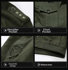 Detail view of military jacket showing shoulder epaulets, chest pockets, and embroidered patches