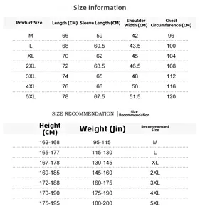 Detailed size chart for men's casual cotton shirt covering sizes M to 5XL with measurements