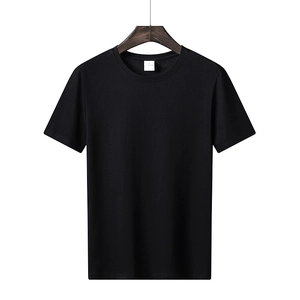Classic crew neck men's black t-shirt in smooth cotton fabric on a wooden hanger
