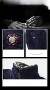 Detail of navy corduroy jacket with thick sherpa lining and star shield embroidery