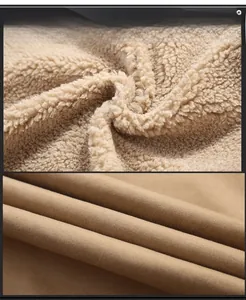 Detail of warm beige sherpa fleece lining and durable khaki twill fabric texture