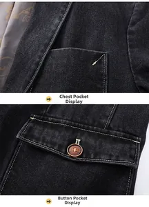Detailed close-up of chest patch pocket and buttoned flap pocket on dark denim jacket