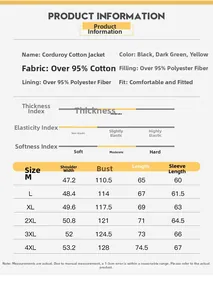 Detailed size chart for the corduroy padded jacket including cotton fabric and dimensions