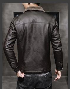 Back view of a men's dark brown leather jacket with a thick plush fleece collar