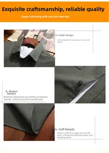 Dettagli della camicia da lavoro verde scuro che mostrano colletto, bottoni e polsini