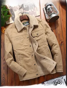 Detail of khaki jacket with warm sherpa lining and fashion embroidery on front