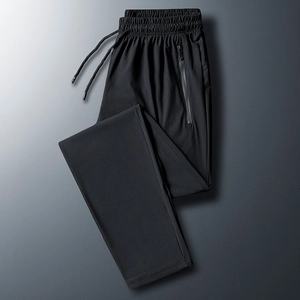Men's lightweight black ice silk sports pants with elastic drawstring waist and zip pockets