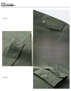 Close-up of military green cotton shirt featuring shoulder epaulettes and resin buttons
