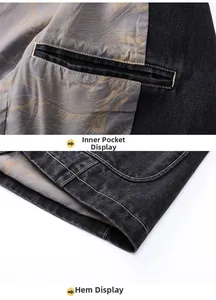 Detail of inner pocket and double-stitched hem on a black denim jacket with printed lining