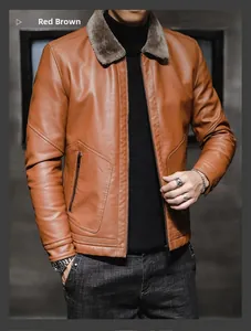 Detail of red brown leather jacket featuring a dark grey faux fur collar and metal zipper