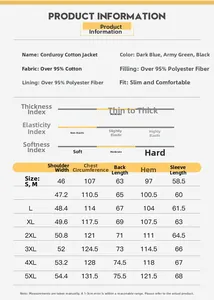 Size chart showing measurements for the men's corduroy cotton jacket from S to 5XL