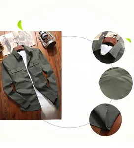 Dettaglio camicia cargo verde militare con doppie tasche sul petto e cuciture rinforzate