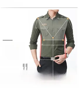 Detailed view of army green tactical cotton shirt featuring slim fit cut and 3D tailoring