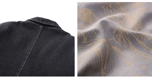 Detail of dark grey denim jacket collar with white stitching and organic textured lining
