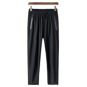 Men's ice silk summer sports pants in black featuring zipper pockets and drawstring waist