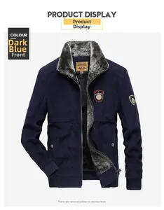 Close-up of winter corduroy jacket with thick faux fur lining and utility badges