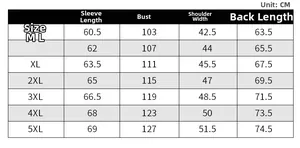 Detailed size chart for men's slim fit baseball jacket ranging from M to 5XL