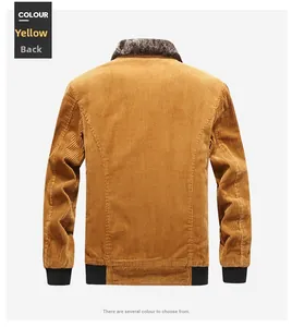 Rear view of a men's winter corduroy jacket in mustard yellow with brown plush collar