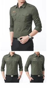 Army green military style shirt featuring epaulettes and vintage embroidery patches