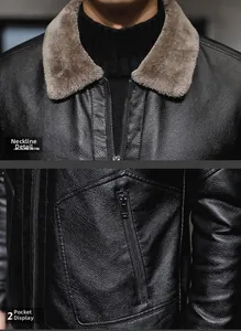 Detail view of winter leather jacket showing lamb wool collar and metal zipper pocket