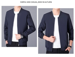 Detailed front and side view of men's slim fit navy blue baseball jacket with ribbed collar