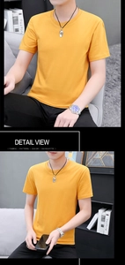 Λεπτομερής προβολή κίτρινου ανδρικού T-shirt με στρογγυλή λαιμόκοψη και λεία υφή