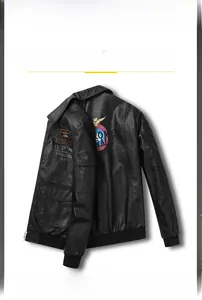 Detailed embroidery and patch design with crown pattern on black slim fit faux leather jacket