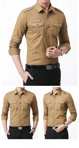Detail of khaki cotton tactical shirt featuring shoulder epaulettes and chest pockets