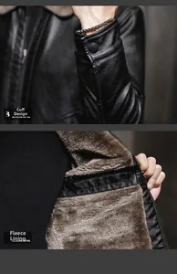 Detail of men's leather jacket featuring button cuffs and thick fleece lining