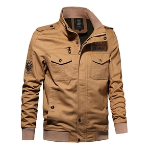 Men's khaki multi-pocket cotton cargo jacket with military U.S. ARMY patches
