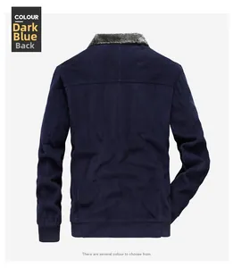 Rear view of dark blue corduroy jacket showing ribbed cuffs and gray plush collar details