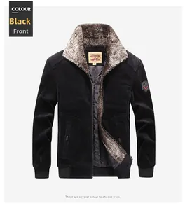 Detailed front view of men's black corduroy winter jacket with a brown faux fur collar