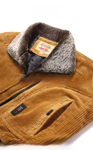 Close-up of winter corduroy jacket featuring plush collar and diamond-quilted lining