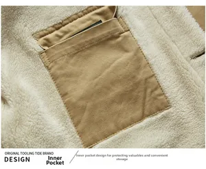 Close-up of winter jacket fleece lining and a khaki canvas inner pocket detail