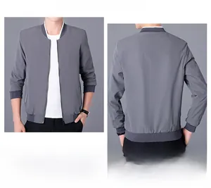 Front and back view of men's grey casual baseball jacket with ribbed collar and zip up
