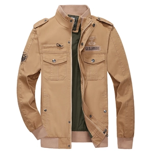 Men's khaki military jacket with U.S. ARMY patches and multi-pocket casual utility design
