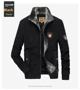 Detailed close-up of men's black corduroy jacket featuring warm grey faux fur lining