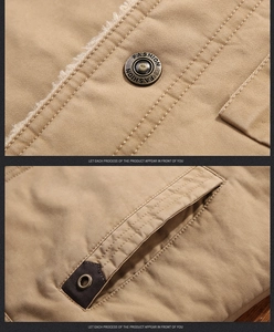 Detailed macro view of khaki cotton work jacket with faux lamb wool lining and metal buttons