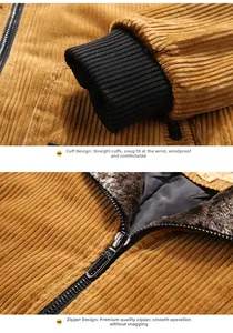 Detail of ribbed knit cuffs and warm faux fur lining on men's corduroy jacket